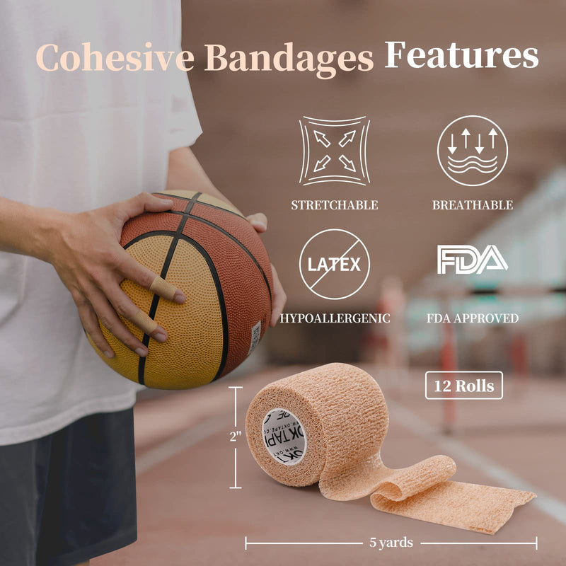 [Australia] - OK TAPE Self Adherent Cohesive Bandages Wrap 12Packs, 2 Inches X 5 Yards, Non-Woven Self Adhesive Athletic Sports wrap Tape, Vet Wrap Bandages Tape, for Thumb Finger Wrist Ankle (Beige) 2 Inch x 5 Yards Beige 