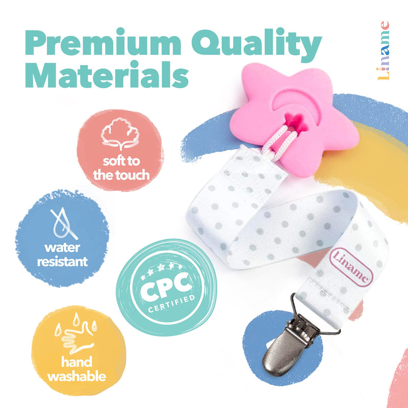 [Australia] - Liname Dummy Clip for Girls Boys with Bonus Teething Toy - 4 Pack Gift Packaging - Premium Quality & Unique Design - Dummy Clips Fit All Dummies & Soothers - Perfect Baby Gift (Pink, Metal Clip) Pink 