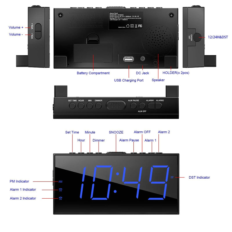 [Australia] - Digital Dual Alarm Clock for Bedroom, Large Display Bedside Clock with Battery Backup, USB Phone Charger, Volume, Dimmer, Easy to Set Loud LED Clock for Heavy Sleepers Kid Senior Teen Boy Girl Kitchen Blue Digits 