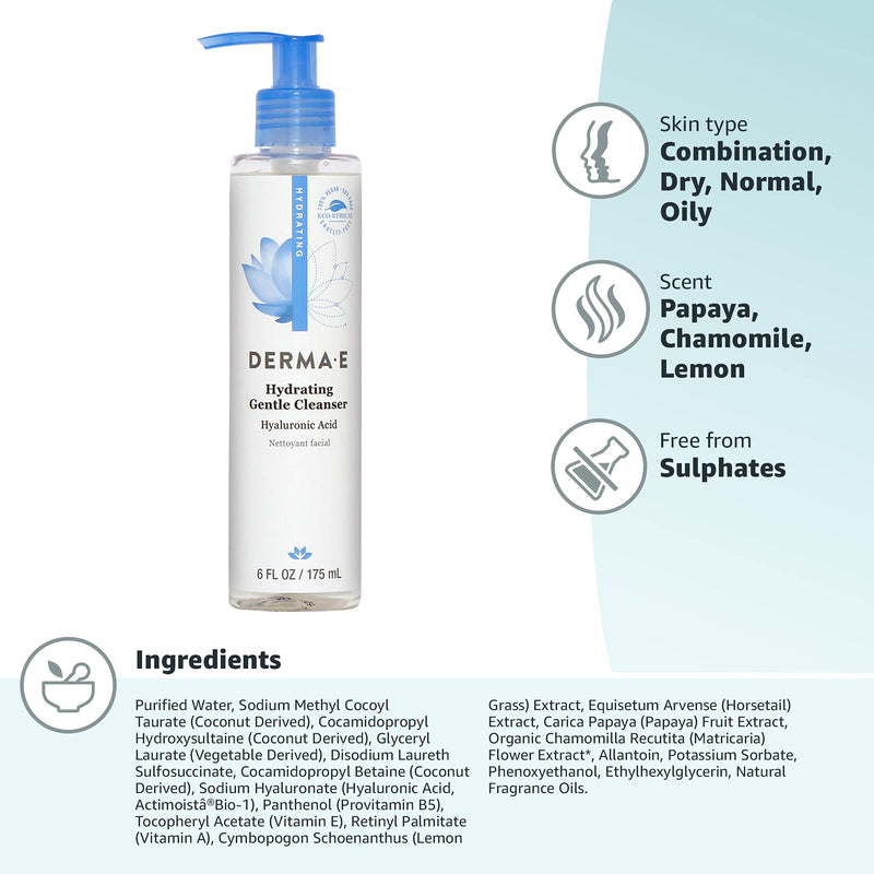 [Australia] - DERMA E Hydrating Gentle Cleanser with Hyaluronic Acid – Moisturizing Facial Cleanser Tones, Moisturizes & Improves Skin Texture – Gently Exfoliating Papaya Face Wash, 6 fl oz 