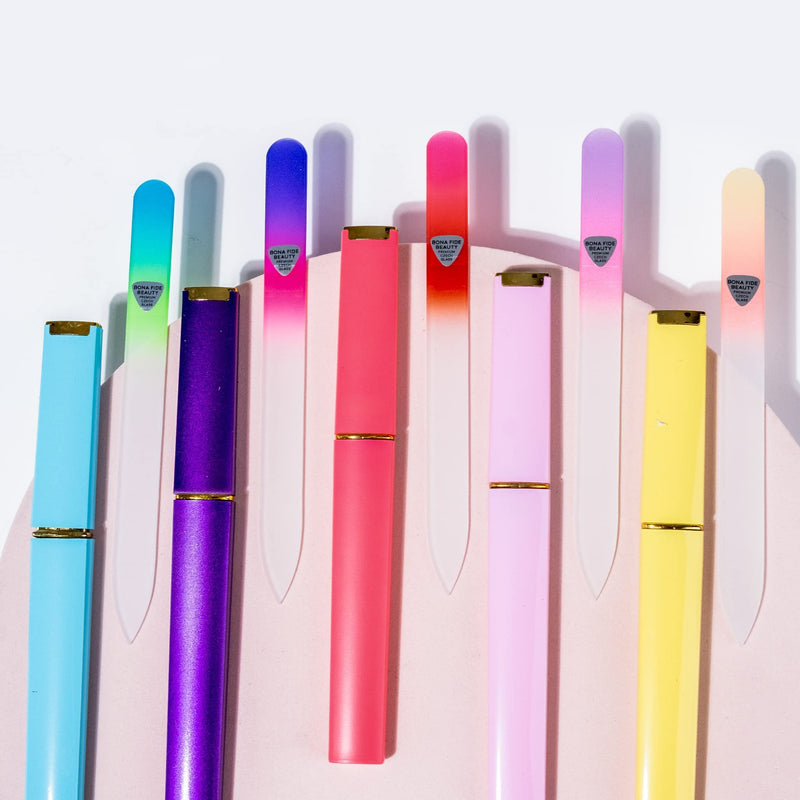 [Australia] - 5-Piece Glass Nail File Set with Hard Cases, Professional Manicure Glass Fingernail Files, Gently Shape Nails with Expert Precision & Enjoy a Smooth Finish - Bona Fide Beauty Premium Czech Glass Tealpurpleyellow 