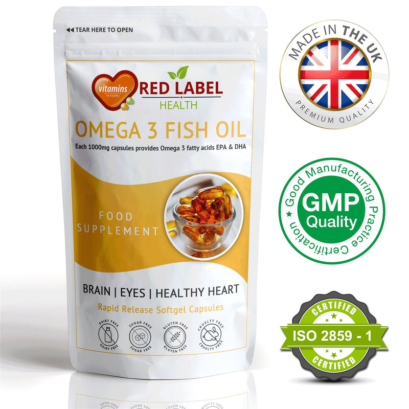 [Australia] - Omega 3 Fish Oil 1000mg - 90 Soft Gel Capsules (3 Months Supply) - Double Strength EPA & DHA - Supports Heart & Brain Health for Men & Women | Gluten Free | Made in UK. 