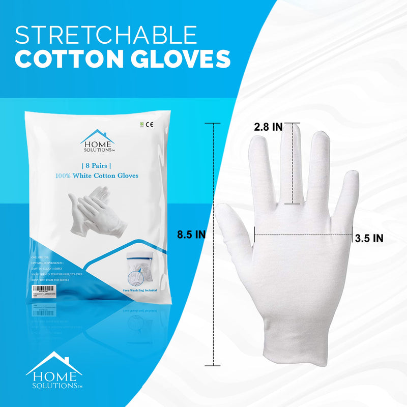 [Australia] - Home Solutions™ White Cotton Gloves for Eczema | 8 Pairs | Free Wash Bag | Hand Moisturising Gloves, White Cotton Gloves for Dry Hands, Eczema Gloves, White Gloves, Exfloitants Gloves 
