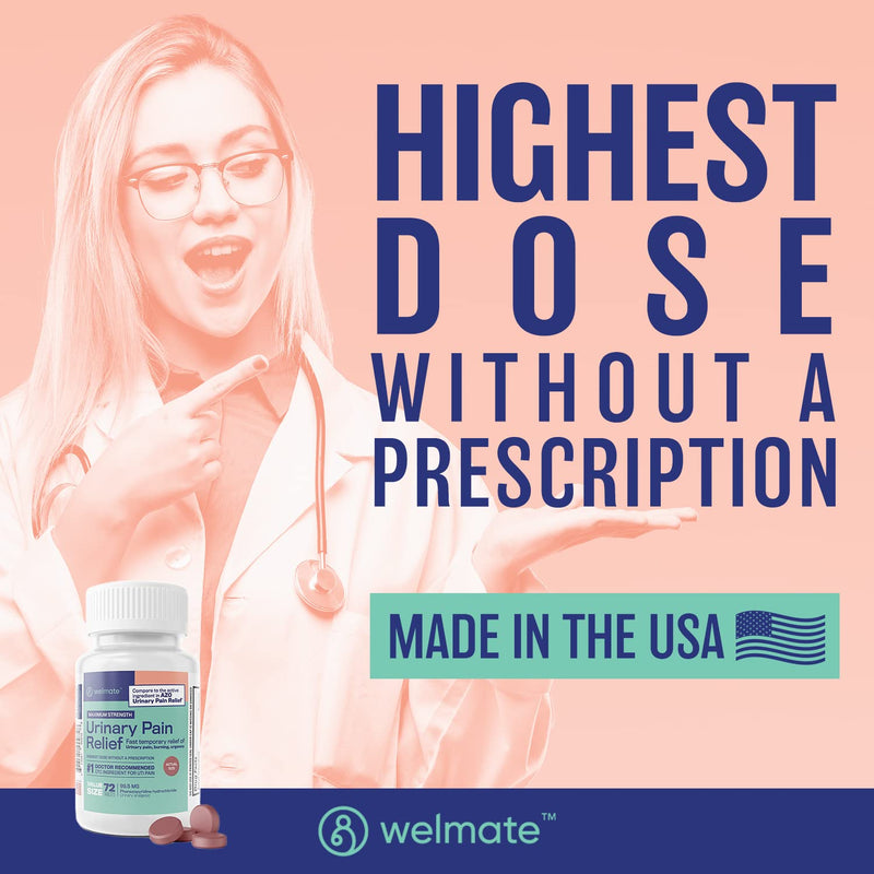 [Australia] - WELMATE Urinary Pain Relief | UTI Relief | Fast Acting | Bladder Discomfort & Pain Relief | Phenazopyridine Hydrochloride 99.5mg | 72 Count Tablets 