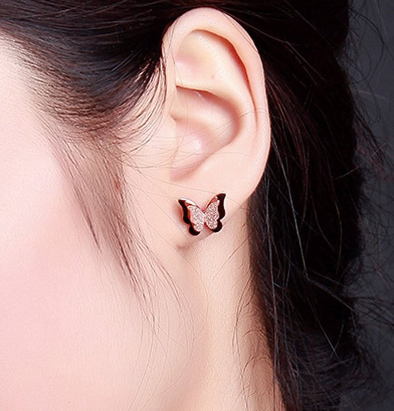 [Australia] - Stainless Steel Butterfly Stud Earrings Frosted 18k Rose Gold Plated Jewelry for Women… rose gold necklace earrings 