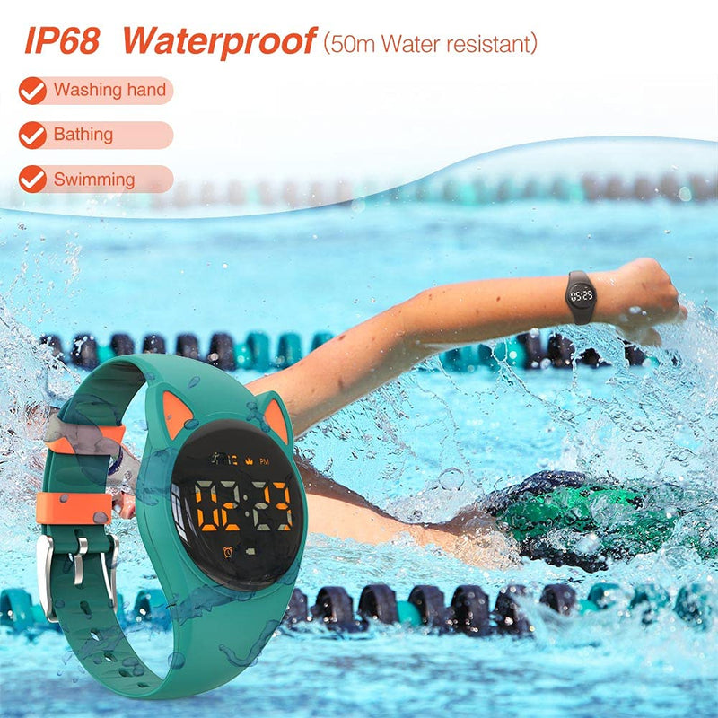 [Australia] - Led Digital Pedometer Watch , Digital Steps Tracker , Non-Bluetooth, Vibrating Alarm Clock, Stopwatch, Great Gift for Children Teens Girls Boys Women Green/orange 