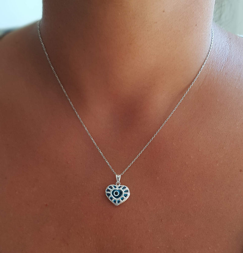 [Australia] - MYSTIC JEWELS By Dalia - 925 Sterling Silver Pendant with Glass Evil Eye and Adjustable Chain Necklace Heart 