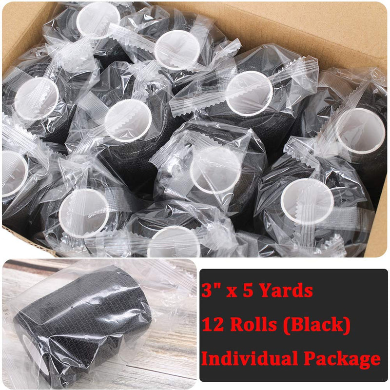 [Australia] - 3" x 5 Yards Breathable Self Adherent Bandage Wrap, Multi-Purpose Non Woven Cohesive Wrap - Vet Wrap | Athletic Tape | Medical Tape, for Sports, First Aid, Wrist, Ankle Sprains, Swelling, Pets. 3 Inch-12 Count Black 