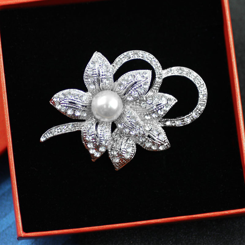 [Australia] - Merdia Brooch for Women Classy Flower Brooch Pin with Shiny Created Crystal and Created Pearl 