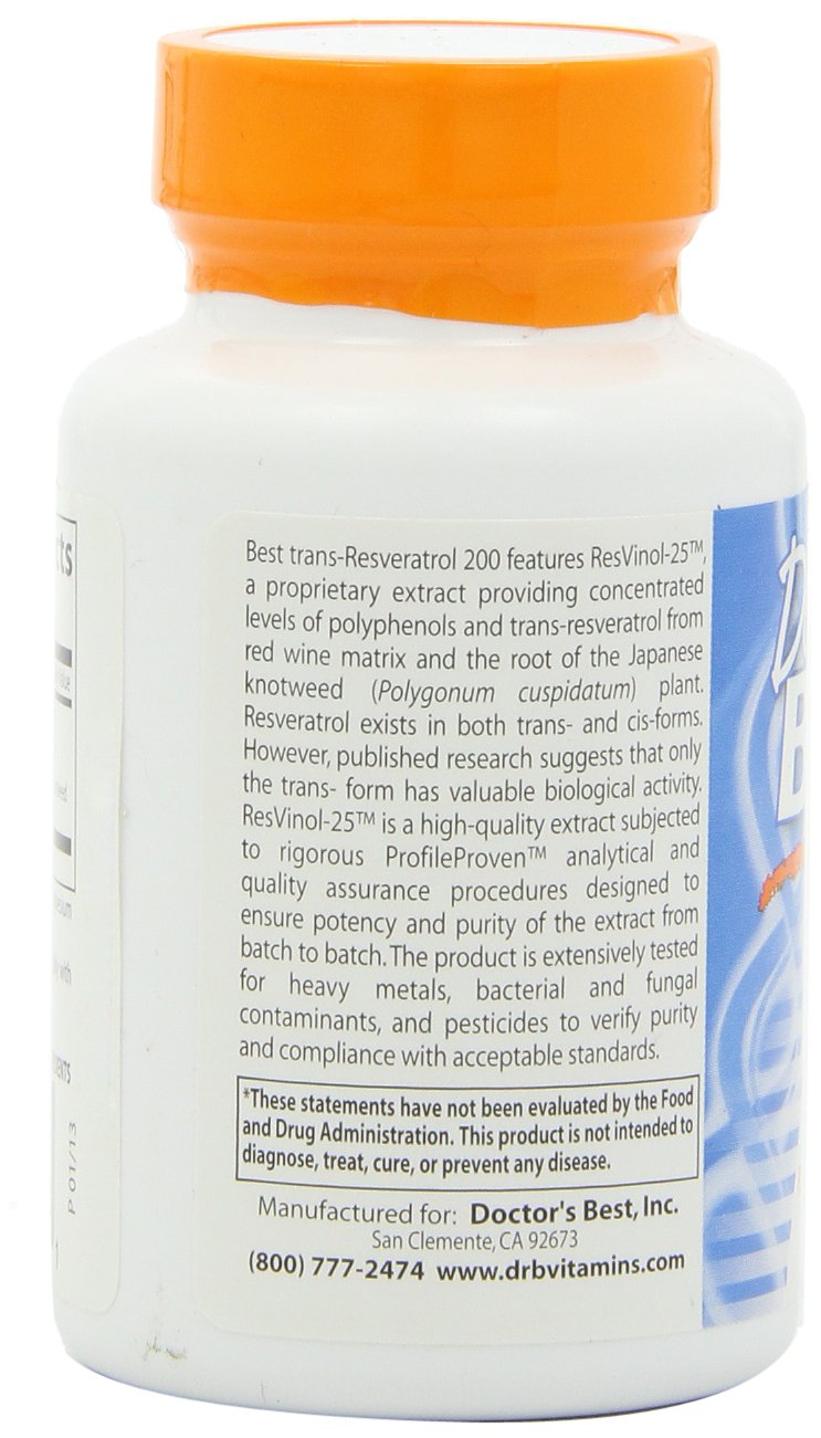[Australia] - Doctor's Best, Trans-Resveratrol with ResVinol, Non-GMO, Vegan, Gluten & Soy Free, 200 mg, 60 Count 