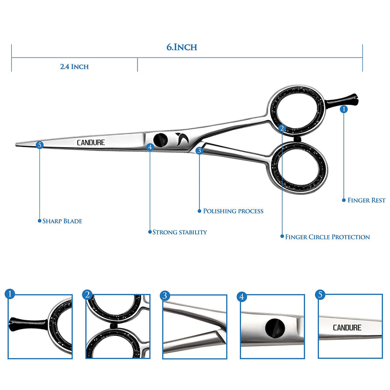 [Australia] - Candure Hairdressing Barber Hair Scissor for Professional Hairdressers Barbers Stainless Steel Hair Cutting Shears - For Salon Barbers, Men, Women, Children and Adults Japanese 6" 