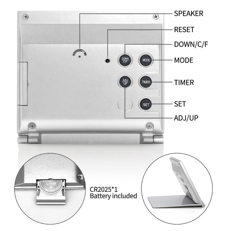 [Australia] - Betus Digital Travel Alarm Clock - Foldable Calendar Temperature Timer LCD Clock with Snooze Mode - Large Number Display, Battery Operated - Compact Desk Clock for All Ages (Silver) Silver 