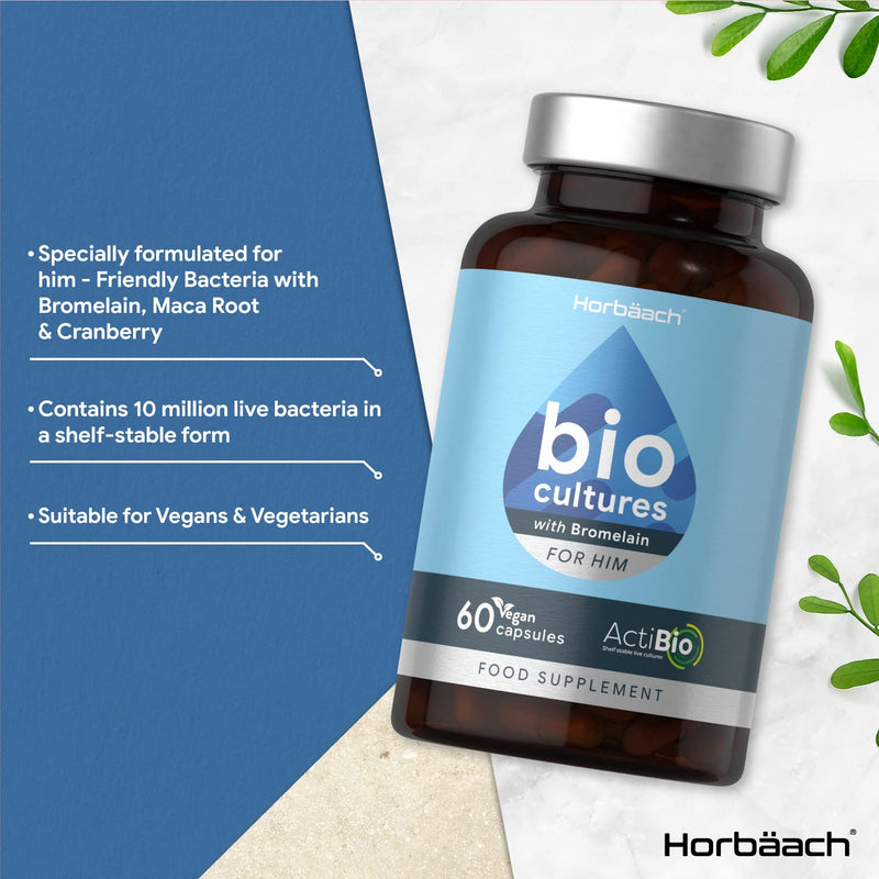 [Australia] - Probiotics Complex for Men | 60 Vegan Capsules | with Bromelain, Maca, Cranberry Extract & Acti Bio Cultures | Wheat Free Supplement for Men | by Horbaach 