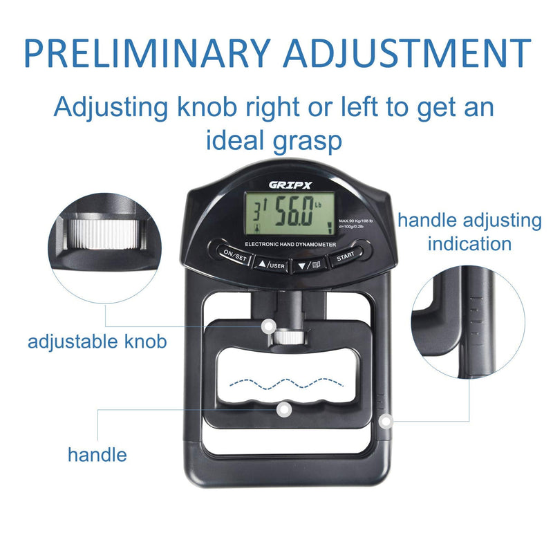 [Australia] - GRIPX Digital Hand Dynamometer Grip Strength Measurement Meter Auto Capturing Electronic Hand Grip Power 198Lbs / 90Kgs Black 