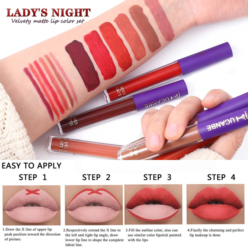 [Australia] - UCANBE 13pcs Lady's Night Lipstick Makeup Set, 6 Velvety Matte Liquid Lipsticks + 6 Matching Smooth Lipliner Pencil + 1 Moisturizing Lip Gloss Primer, Waterproof Long Lasting Lip Make Up Gift Kit 