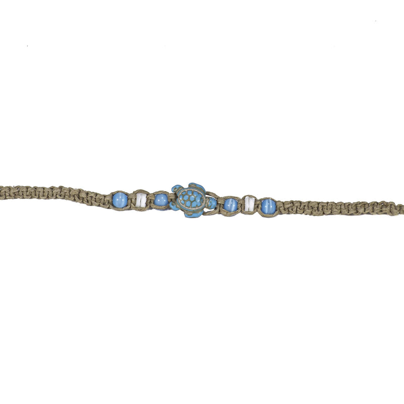 [Australia] - BlueRica Hemp Anklet Bracelet with Turquoise Sea Turtle, Blue Cat's Eye Beads and Puka Shell Beads 