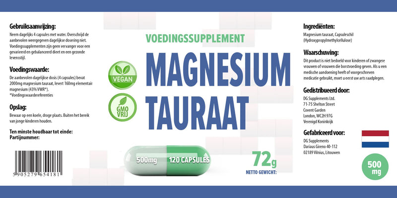 [Australia] - Magnesium Taurate 2000mg Per Serving 120 Vegan Capsules, 3rd Party Lab Tested, High Strength Supplement, No Fillers or Bulkers, Gluten and GMO Free Salmonella 120 Count (Pack of 1) 