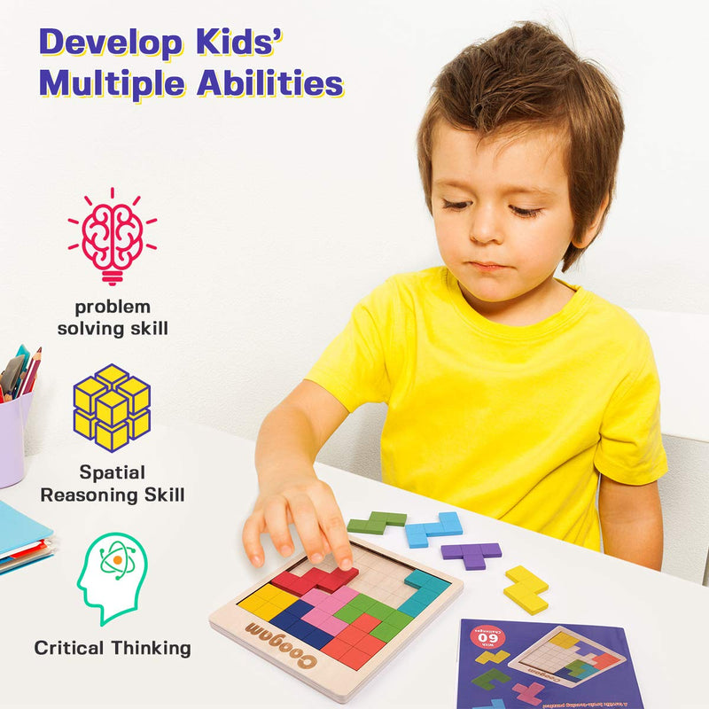 [Australia] - Coogam Wooden Puzzle Pattern Blocks Brain Teasers Game with 60 Challenges, 3D Russian Building Toy Wood Tangram Shape Jigsaw Puzzles Montessori STEM Educational Toys Gift for Kids Adults 