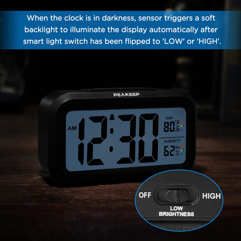 [Australia] - Peakeep Alarm Clock Battery Operated - Indoor Temperature Humidity Digital Display for Bedrooms, Smart Night Light, Small Easy Desk Bedside Gifts Clock Black 1 