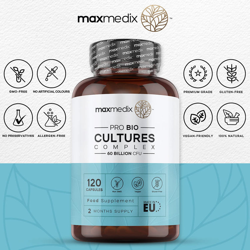 [Australia] - Bio Cultures Complex 60 Billion CFU, 20 Active Strain 120 Vegan Capsules (2 Months Supply) - Live Friendly Bacteria Gut Health Supplement for Men & Women -Lactobacillus Gasseri, Reuteri & Acidophilus 