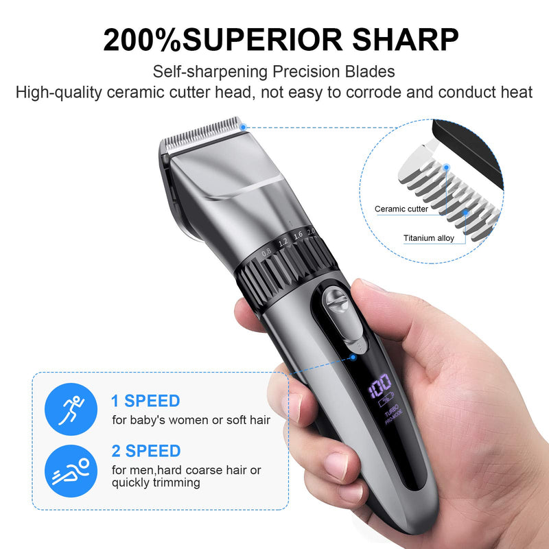 [Australia] - Cordless Hair Clippers for Men, Professional Hair Trimmer, Powerful Hair Grooming Cutting kit, Rechargeable Waterproof Electric Mens Haircut Clipper for Barbers & Home Use with LED Display grey 