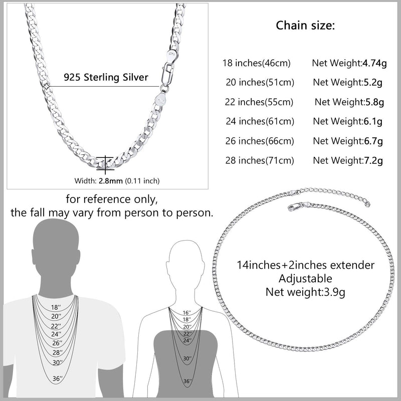 [Australia] - PROSTEEL 925 Sterling Silver Cuban Link Chain/Figaro Chain/Rope Chain, Solid Silver Necklace for Women Men, 14"/18"/20"/22"/24"/26"/28", Come Gift Box 22.0 Inches cuban chain-width: 0.11inch(2.8mm) 