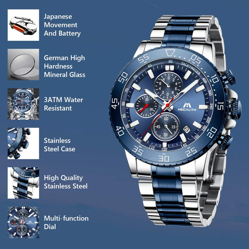 [Australia] - MEGALITH Mens Watches with Stainless Steel Waterproof Analog Quartz Fashion Business Chronograph Watch for Men, Auto Date 1-Blue 