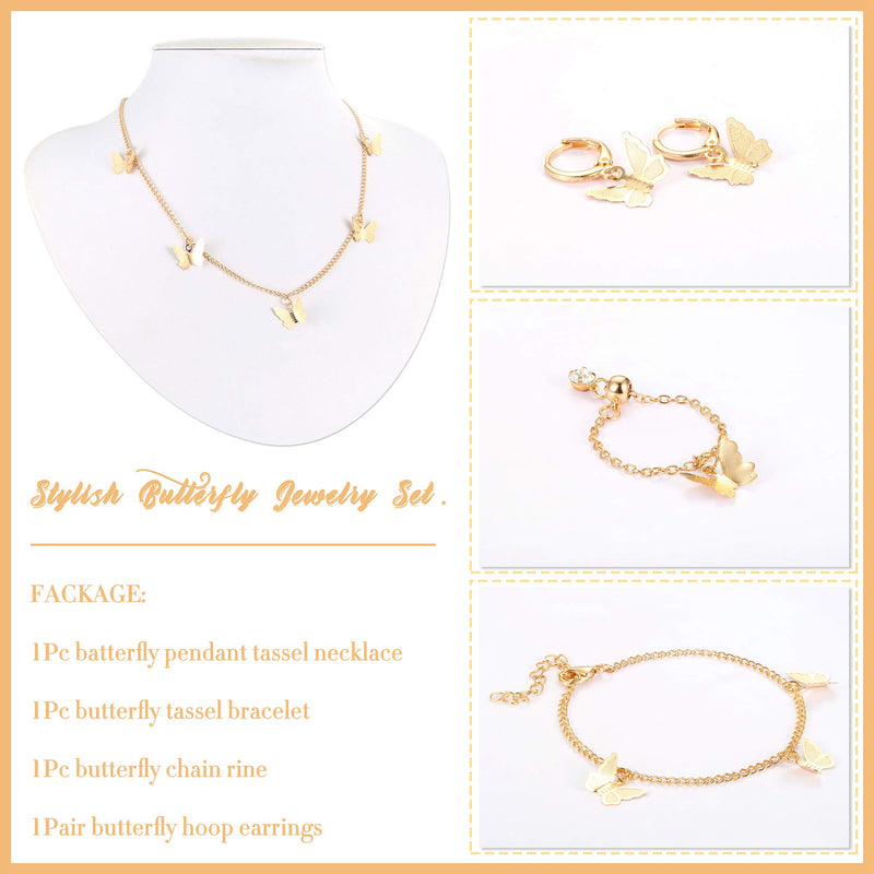 [Australia] - Florideco 4Pcs 14K Gold Plated Butterfly Choker Necklace Earrings Bracelet Ring Set for Women Ladies Gift Jewelry Dainty Chain Butterfly Pendant Necklace Cute Drop Dangle Hoop Earrings Rose Gold 