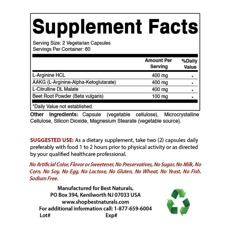 [Australia] - Best Naturals L-Arginine NO Booster Triple Strength 1300 mg Serving 120 Veg Capsules (120 Count (Pack of 1)) 120 Count (Pack of 1) 