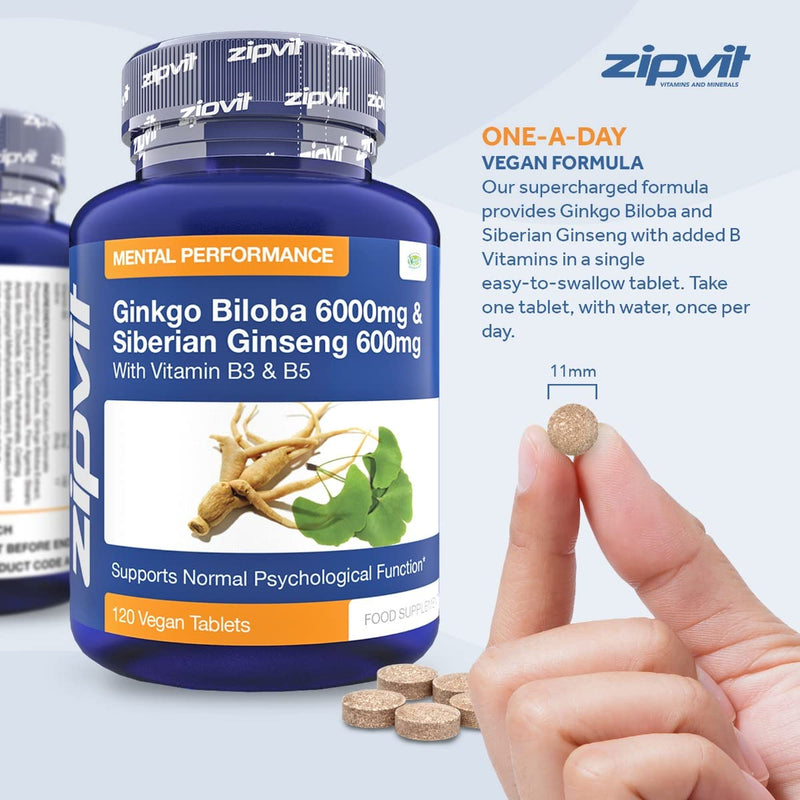 [Australia] - Ginkgo Biloba and Siberian Ginseng, Standardised Ginkgo 6000mg and Ginseng 600mg with Vitamins B3 and B5. 120 Vegan Tablets. 4 Months Supply. 