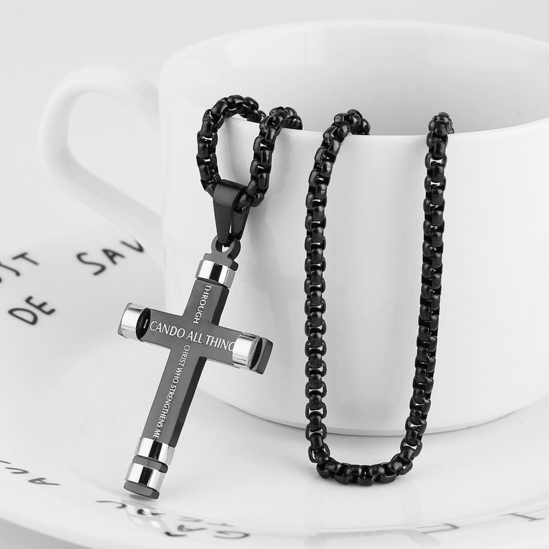 [Australia] - HZMAN Philippians 4:13 Cross Pendant STRENGTH Bible Verse Stainless Steel Necklace 3 Colors Available Black 