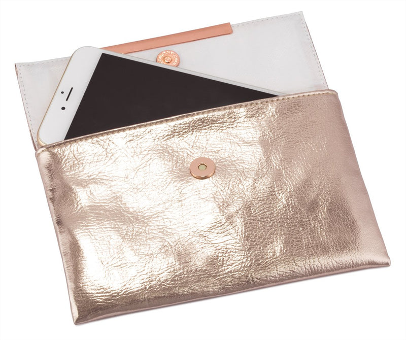 [Australia] - Small Rose Gold Metallic Clutch Bag For Cosmetics, Makeup, Cellphone, Wallet, and Organization - Made of Premium Vegan Leather 