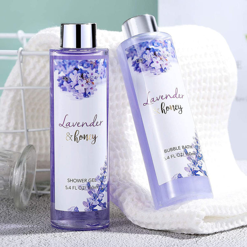 [Australia] - BODY & EARTH Bath and Body Gift Set - 8 Pcs Spa Gift Sets with Lavender & Honey Scent, Includes Shower Gel, Bubble Bath, Shampoo Bar and More, Bath Sets for Women Gifts, Xmas, Birthday Gifts for Her 