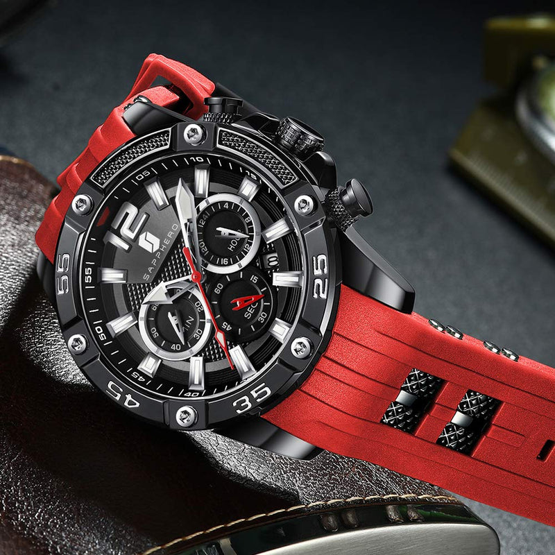 [Australia] - Watches for Men SAPPHERO Multifunction Chronograph Sport Mens Watch with Silicone Strap 3ATM Waterproof Analog Quartz Movement Fashion Business Design Best Gifts for Men red 