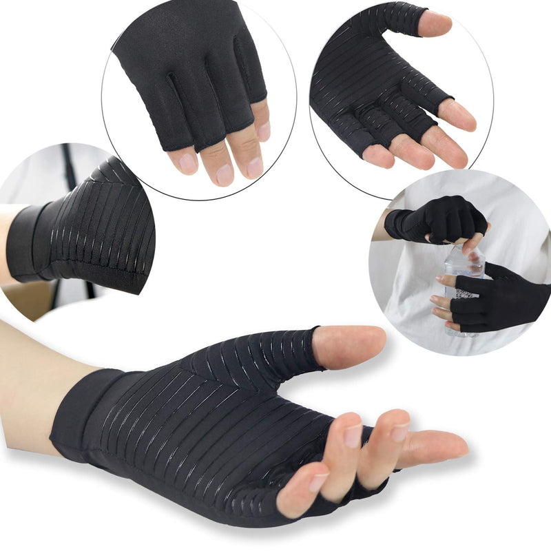 [Australia] - Copper Arthritis Compression Gloves Women Men Relieve Hand Pain Swelling and Carpal Tunnel Fingerless for Typing, Support for Joints, Large Large (1 Pair) Black 