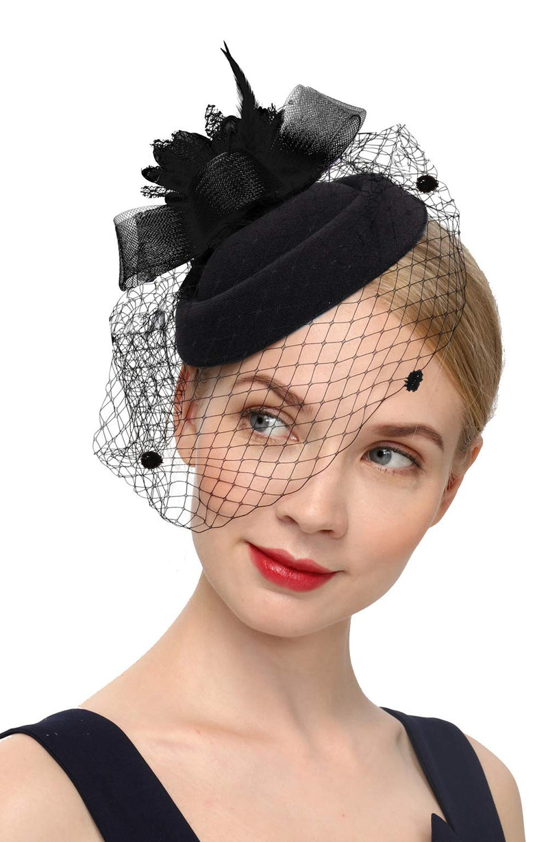 [Australia] - Cizoe Fascinator Hair Clip Pillbox Hat Bowler Feather Flower Veil Wedding Party Hat Tea Hat 1-a-black1 