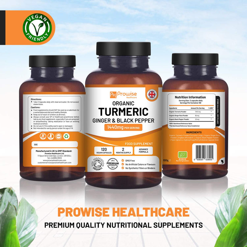 [Australia] - Organic Turmeric Capsules High Strength 1440mg | 120 Capsules with Black Pepper, Ginger & Active Ingredient Curcumin (2 Month Supply) | Turmeric Capsules High Strength Made In UK by Prowise Healthcare 