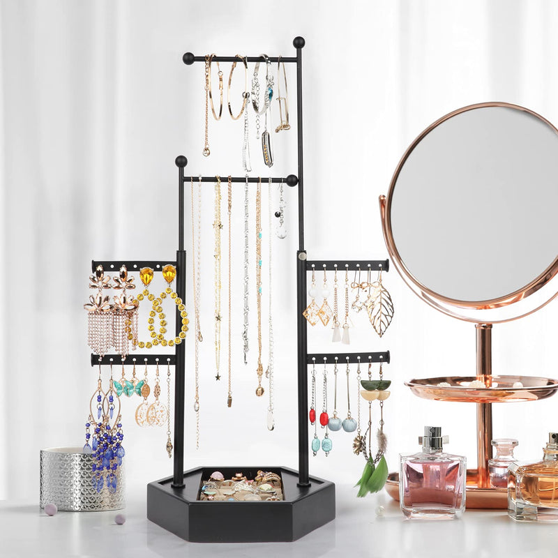 [Australia] - Miratino Jewelry Organizer Stand Jewelry Holder Double Rods 6 Tiers with Solid Wood Storage Hexagon Base for Necklaces Earrings Bracelets Rings Display Vintage Black 