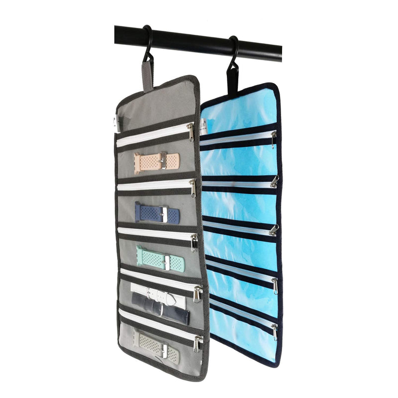 [Australia] - ANIZER Watch Band Storage Roll Holders Hanging Organizer for Watch Band Straps Accessories with 5 Zippered Clear Pockets (Blue) Blue 