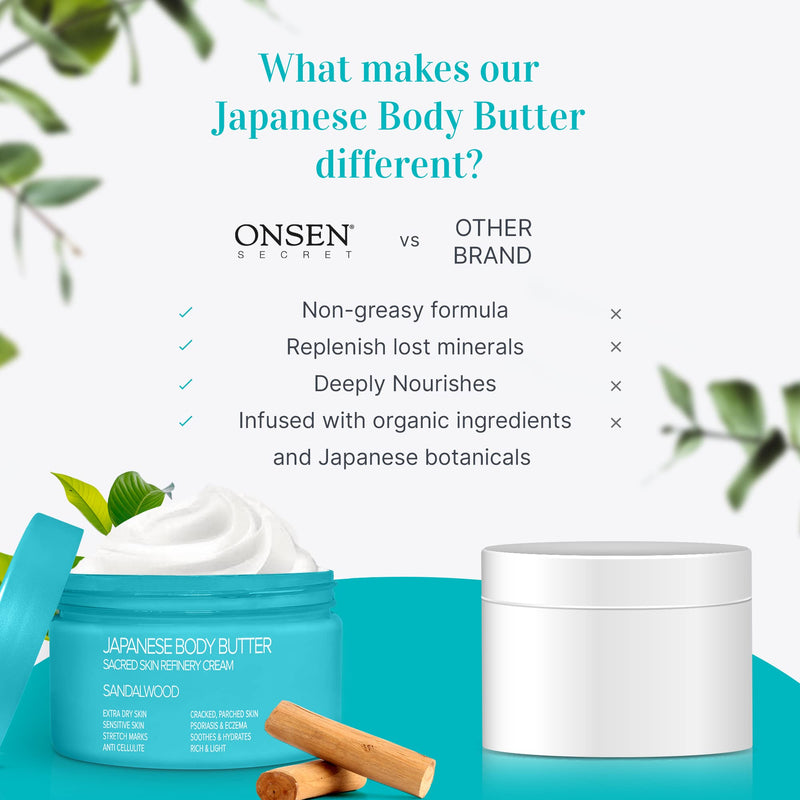 [Australia] - Onsen Japanese Body Butter for Women - Skin Refinery Cream Natural and Organic Shea Butter Moisturizing Clear Skin Exfoliator with Coconut Oil and Vitamin E - 8.6 fl oz / 255 ml (Sandalwood) Sandalwood 