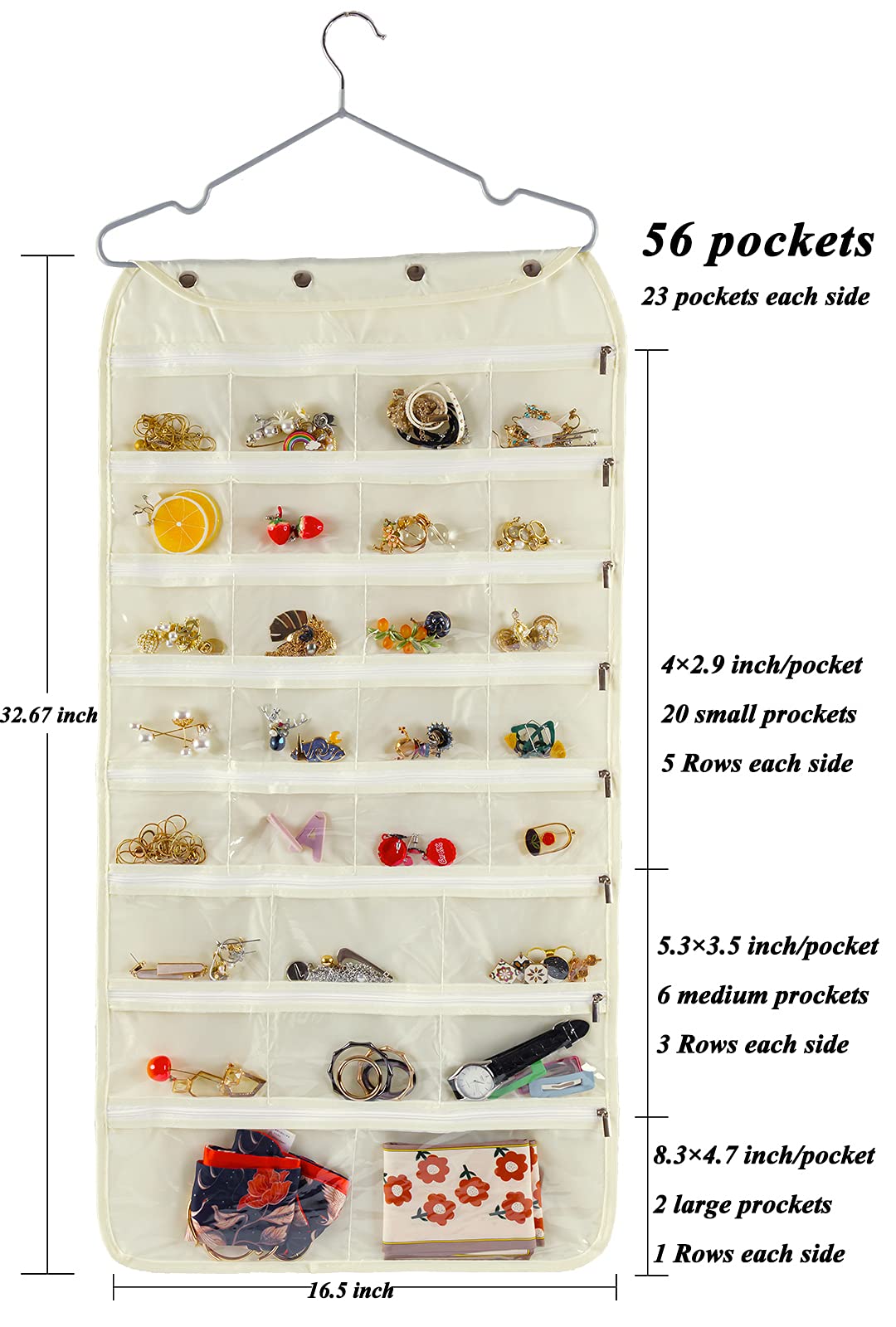 Hanging Jewelry Organizer with 56 Zippered Pockets Double Sided
