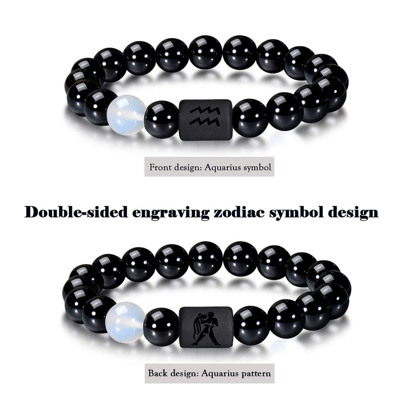 [Australia] - VLINRAS Zodiac Bracelet for Men Women, 8mm 10mm Natural Black Onyx Stone Star Sign Constellation Horoscope Bracelet Gifts aquarius (fit big wrist: 7.7”-8.3”）-10mm beads 