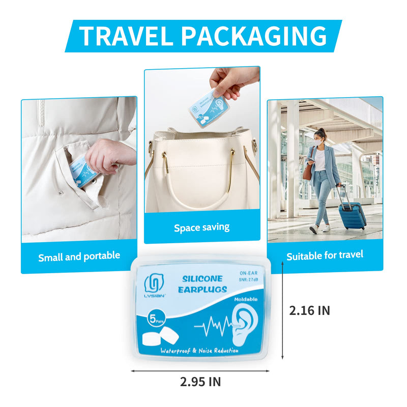 [Australia] - Soft Moldable Silicone Earplugs, 5 Pairs, 27dB SNR Noise Reduction Ear Plugs for Swimming, Travel, Snoring by Lysian (Blue) Blue 