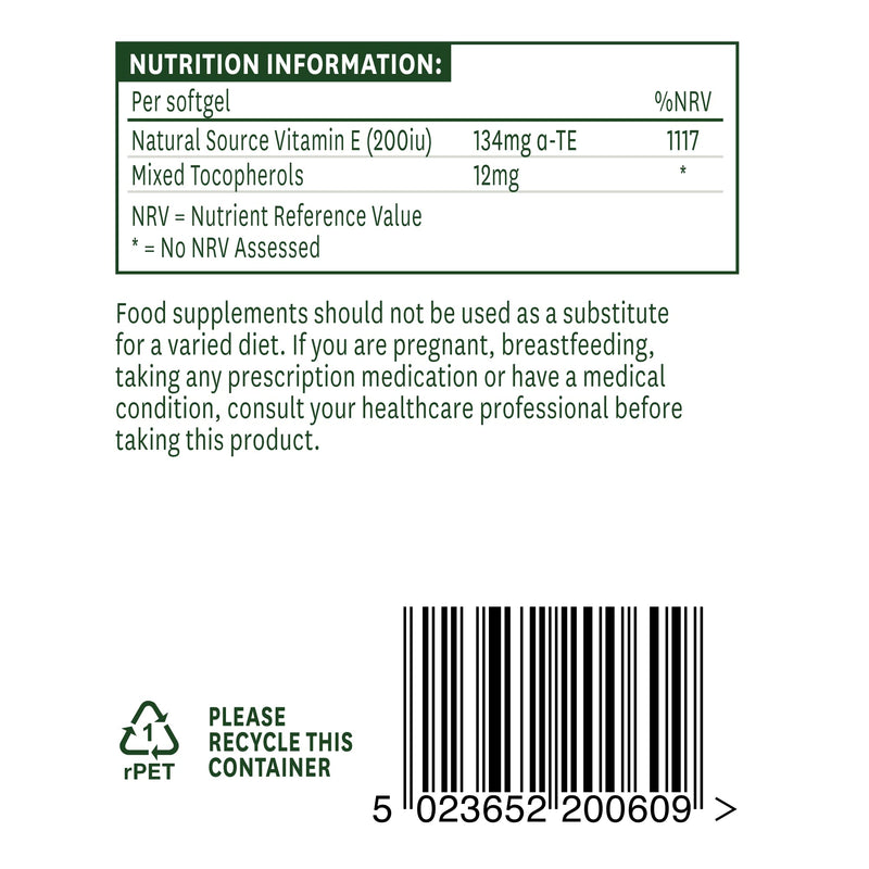 [Australia] - Natures Aid Vitamin E 200iu 60 Softgels (Natural Source Vitamin E, Protects Cells from Oxidative Stress, Made in the UK) Single 