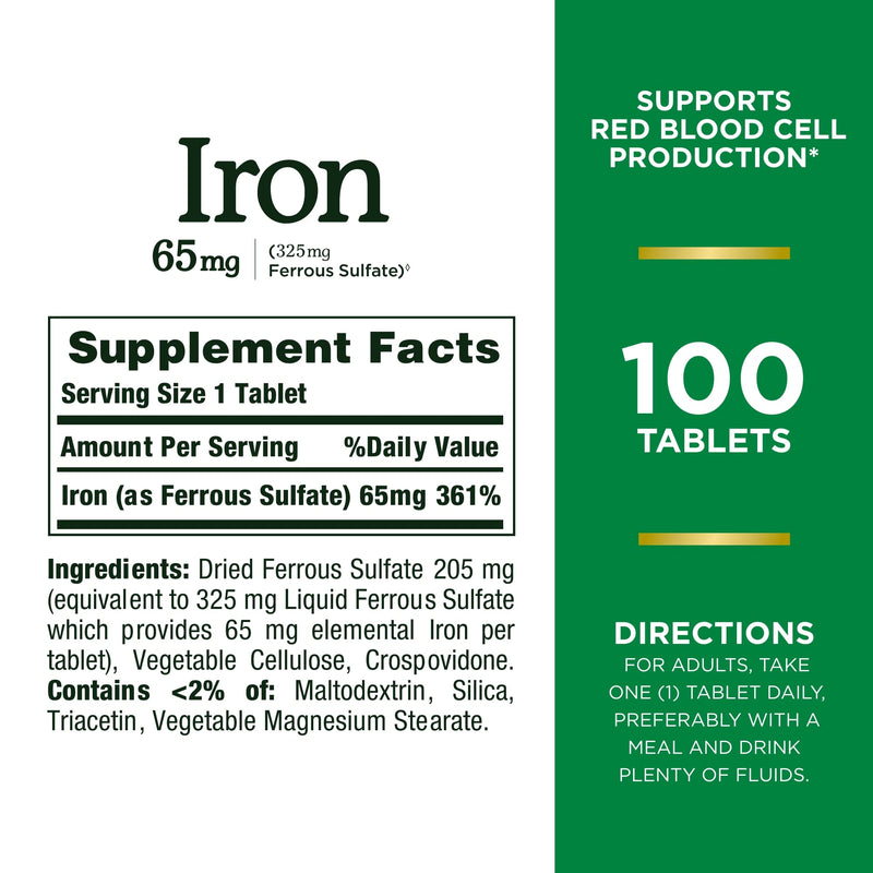 [Australia] - Nature’s Bounty Iron 65mg, 325 mg Ferrous Sulfate, Cellular Energy Support, Promotes Normal Red Blood Cell Production, 100 Tablets 