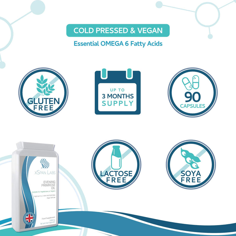 [Australia] - Evening Primrose Oil 1000mg 90 Capsules - Cold Pressed Vegan Soft Gels - High GLA Formulation with Vitamin E - No GMOs - UK Made 