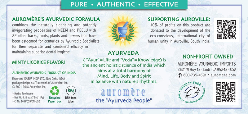 [Australia] - Auromere Ayurvedic Herbal Toothpaste, Classic Licorice Flavour - Vegan, Natural, Non GMO, Fluoride Free, Gluten Free, with Neem & Peelu (4.16 oz), 1 Pack 1 Count (Pack of 1) 