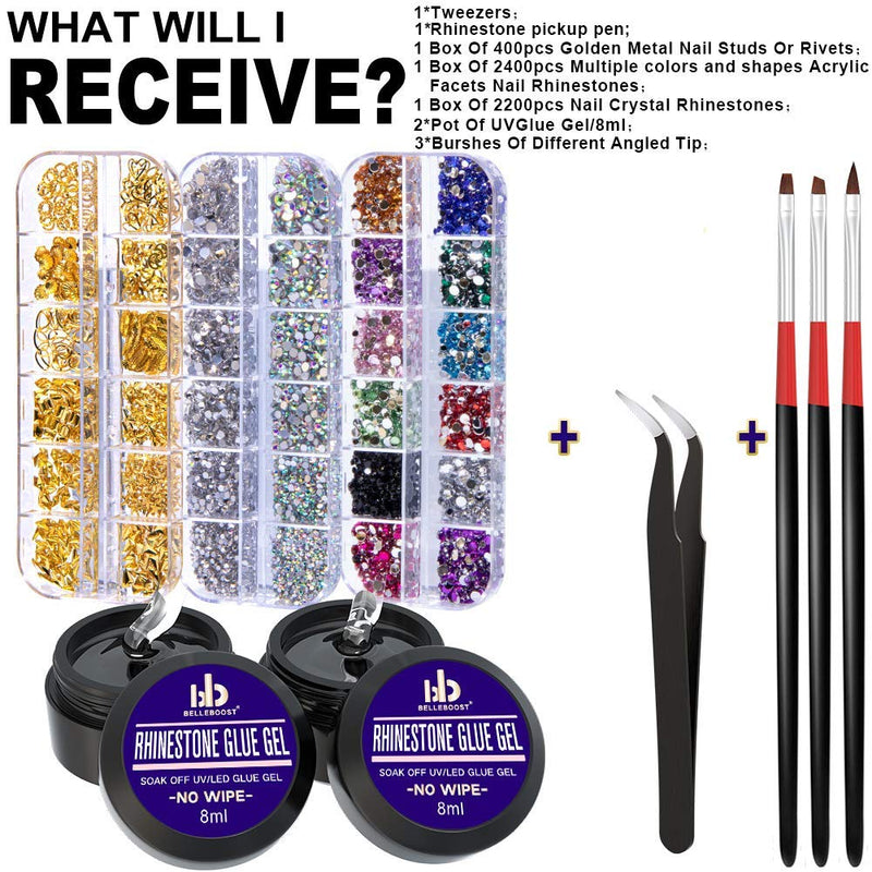 [Australia] - Nail Art 8ml×2 NO WIPE Rhinestone Glue Gel Kit(LED Light Cure Needed) Adhesive Resin Gem Stone Jewelry Beads Diamond Gel Nail Polish Clear Decoration With Nail Rhinestones(Crystal+Acrylic+Rivet)+tools 