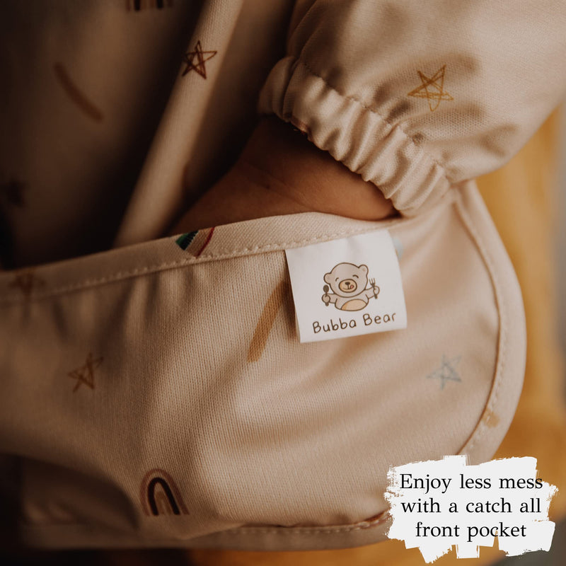 [Australia] - Bubba Bear ® Baby Weaning Bib with Sleeves | Long Sleeve Coverall Bibs Set | Toddler Led Feeding Sleeved Accessories for Babies from 6 Months Waterproof Apron Cape For Toddlers Beige 