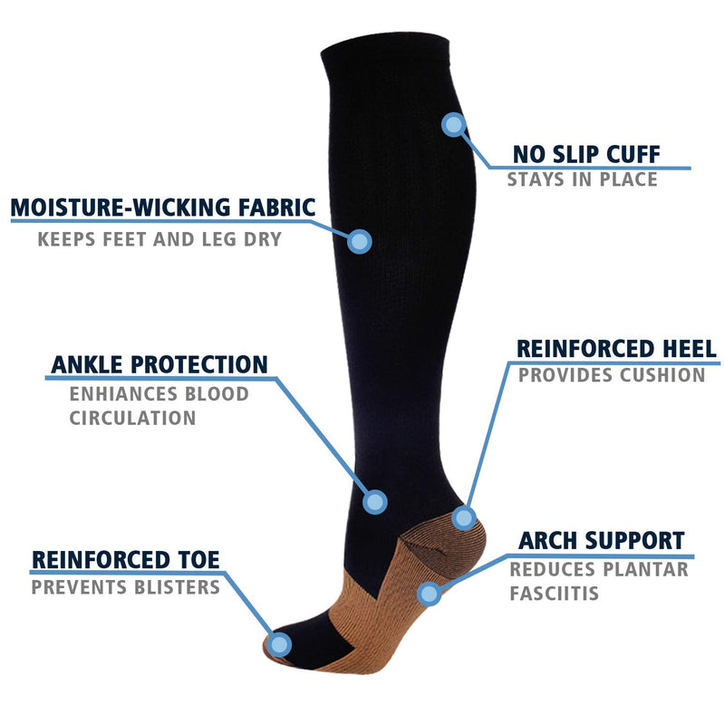 [Australia] - 7 Pairs Copper Compression Socks for Men Women 20-30 mmHg Knee High Stockings Black Large/X-Large (7 Pair) 